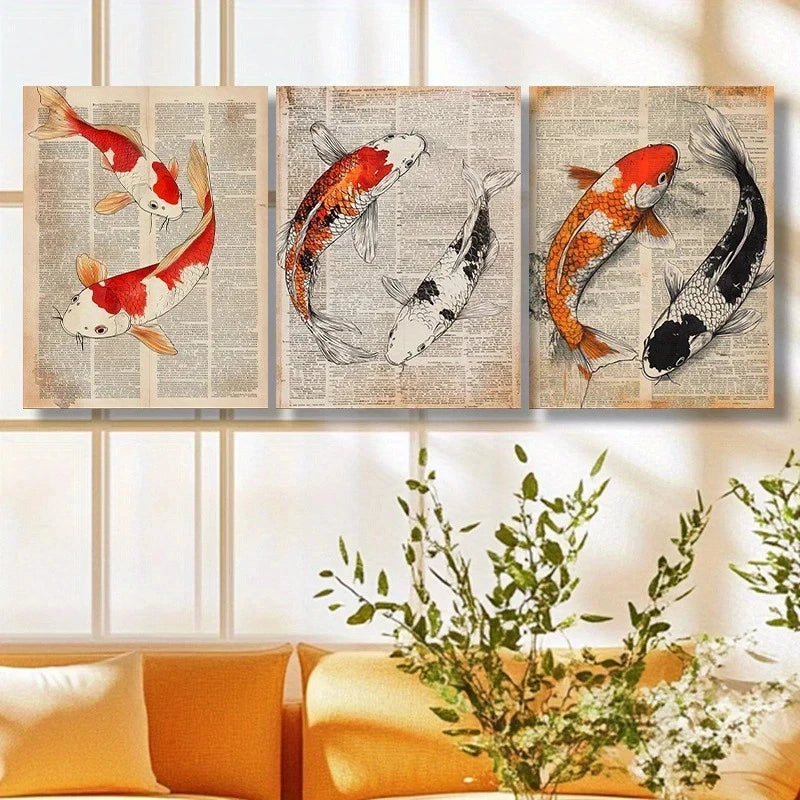 3pcs Koi Fish Swimming Golden Black Metal Print Ready to Hang Art