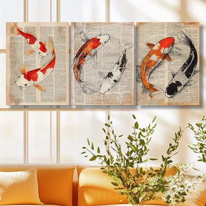 3pcs Koi Fish Swimming Golden Black Metal Print Ready to Hang Art