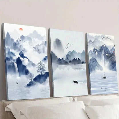 3pcs Sky Blue Boat Water & Mountain Landscape Wall Art Set Canvas Framed 40x60cm - High Quality Print 100% Australian Made Wall Canvas Ready to Hang