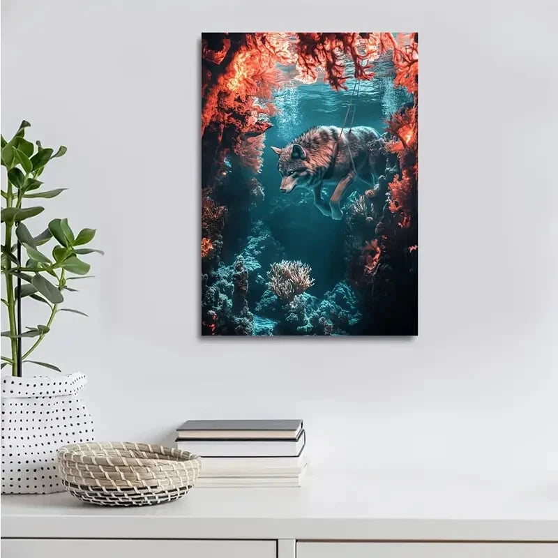 Surreal Wolf Swinging in Underwater Coral Painting 40x60cm Metal Print Ready to Hang