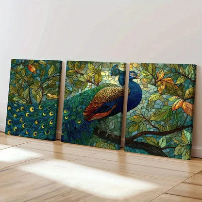 3pcs Vibrant Colors Glass Peacock Art Wall Art Set Canvas Framed 60x90cm - High Quality Print 100% Australian Made Wall Canvas Ready to Hang