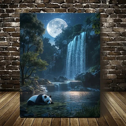 Realistic Panda & Waterfall Scene Painting 40x60cm Metal Print Ready to Hang