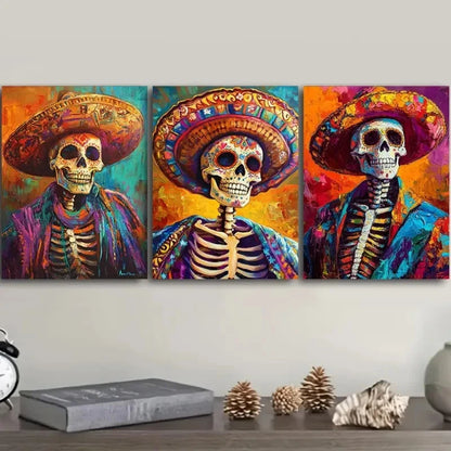 3pcs Mexican Sugar Skulls in Traditional Attire Metal Print Ready to Hang Art