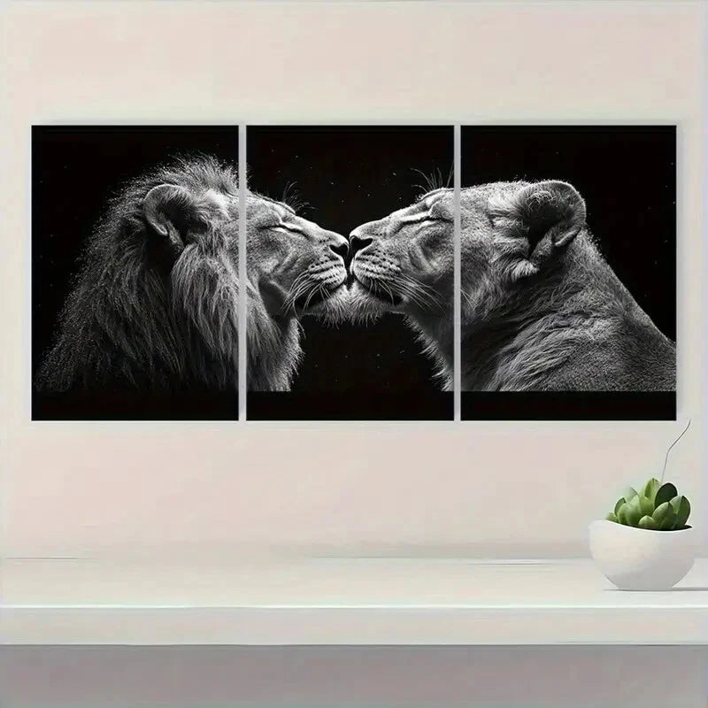 3pcs Majestic Lions Love Black and White Metal Print Ready to Hang Art