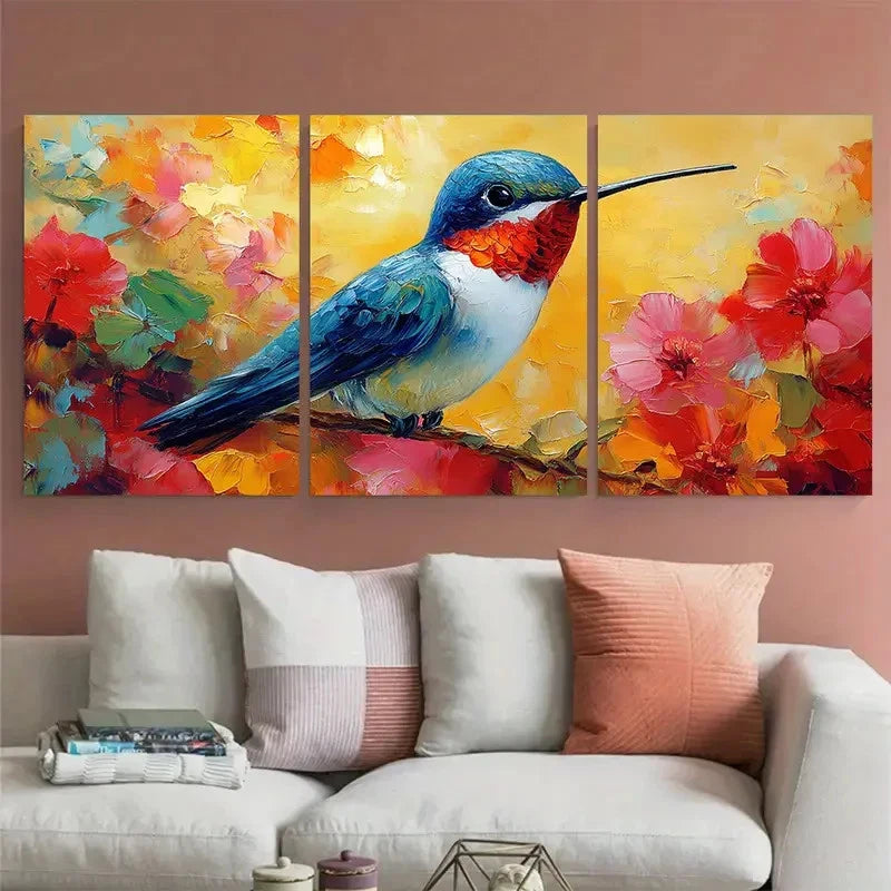 3pcs Hummingbird Small Birds Impasto Perfect  Wall Art Set Canvas Framed 60x90cm - High Quality Print 100% Australian Made Wall Canvas Ready to Hang