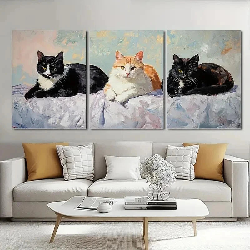 3pcs Black White & Brown Three Kittens Wall Art Set Canvas Framed 40x60cm - High Quality Print 100% Australian Made Wall Canvas Ready to Hang