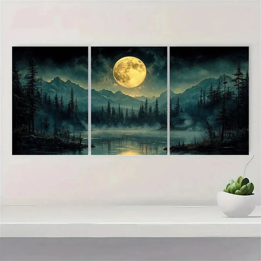 3pcs Vintage Moonlit Pine Tree Forest Wall Art Set Canvas Framed 60x90cm - High Quality Print 100% Australian Made Wall Canvas Ready to Hang