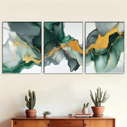 3pcs Green Gray and Golden Fluid Design Metal Print Ready to Hang Art