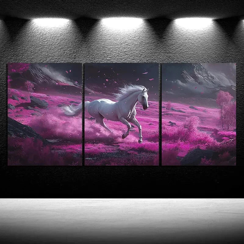 3pcs A Galloping Horse in The Pink Grass Metal Print Ready to Hang Art