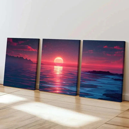 3pcs Sunset Horizon Sea Ocean Vintage Wall Art Set Canvas Framed 40x60cm - High Quality Print 100% Australian Made Wall Canvas Ready to Hang