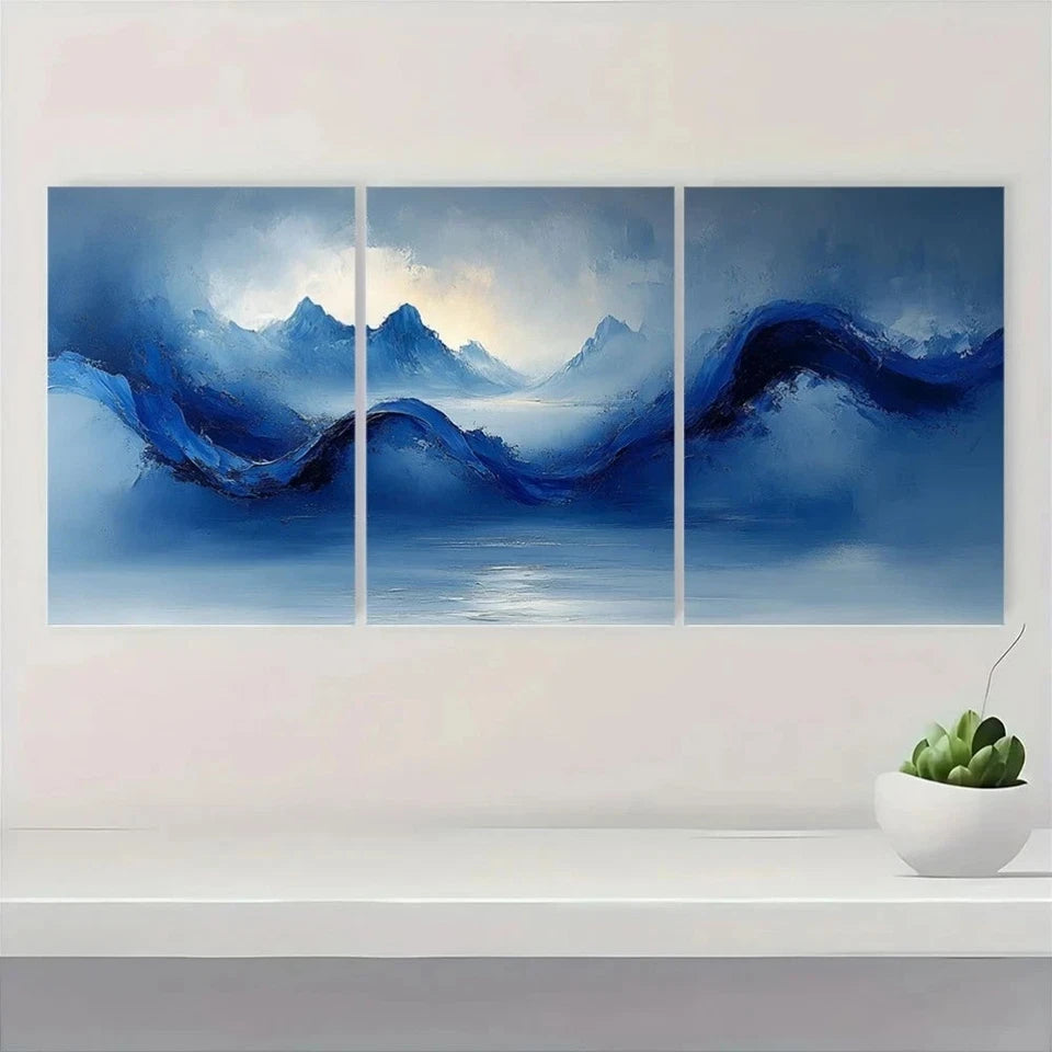 3pcs Abstract Blue Line Painting Metal Print Ready to Hang Art