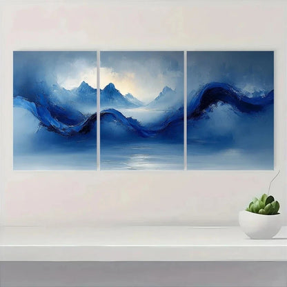 3pcs Abstract Blue Line Painting Metal Print Ready to Hang Art