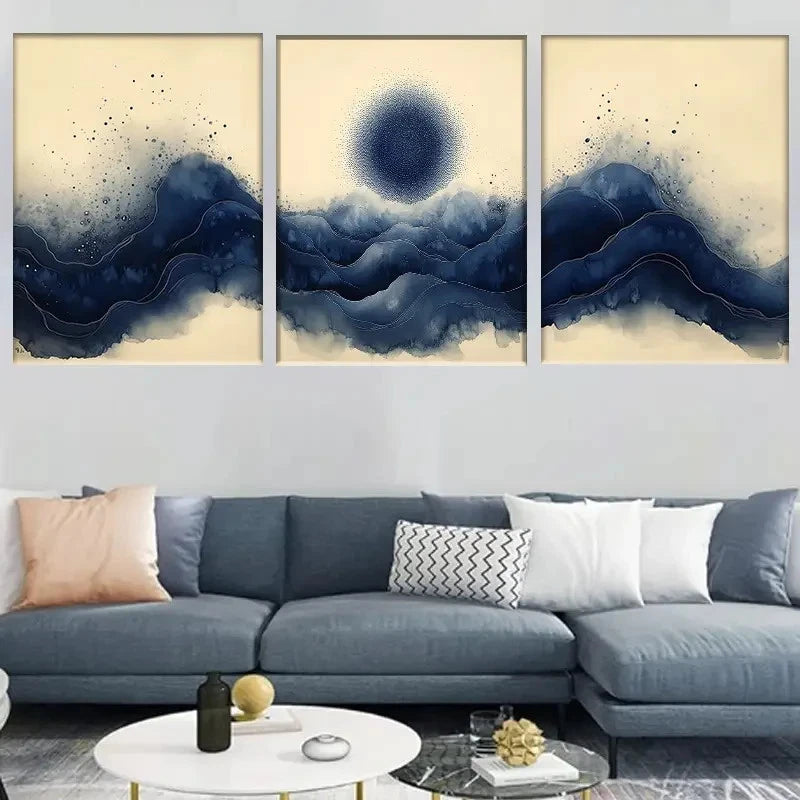 3pcs Abstract Blue Mountain Wave Style Metal Print Ready to Hang Art