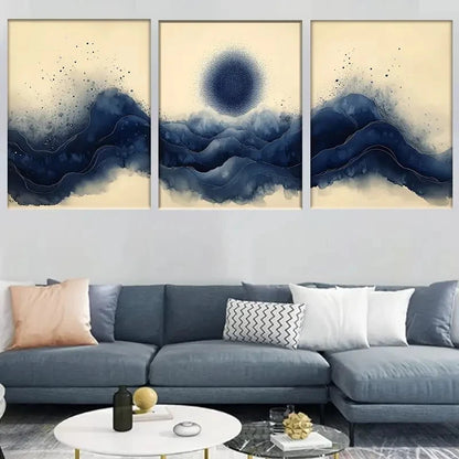 3pcs Abstract Blue Mountain Wave Style Metal Print Ready to Hang Art