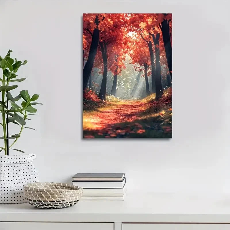 Beautiful Lush Maple Tree Forest Scene Vibrant Red 40x60cm Metal Print Ready to Hang