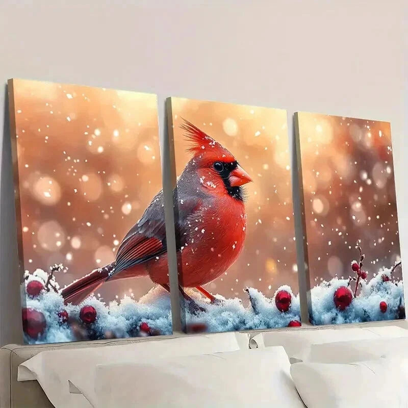 3pcs Vibrant Cardinal in Snowflakes & Berries Wall Art Set Canvas Framed 40x60cm - High Quality Print 100% Australian Made Wall Canvas Ready to Hang