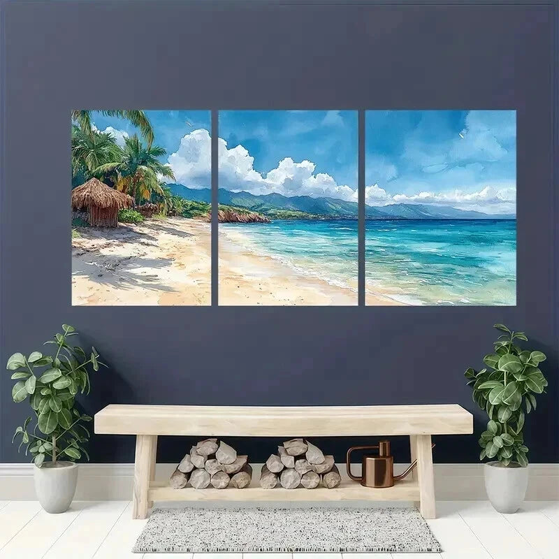 3pcs Serranilla Island Beach Huts & Ocean Views Wall Art Set Canvas Framed 40x60cm - High Quality Print 100% Australian Made Wall Canvas Ready to Hang
