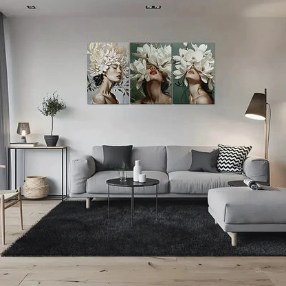 3pcs Floral Woman Portrait Triptych Metal Print Ready to Hang Art