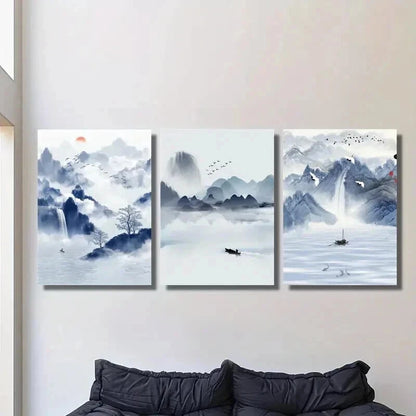 3pcs Sky Blue Boat Water & Mountain Landscape Wall Art Set Canvas Framed 40x60cm - High Quality Print 100% Australian Made Wall Canvas Ready to Hang