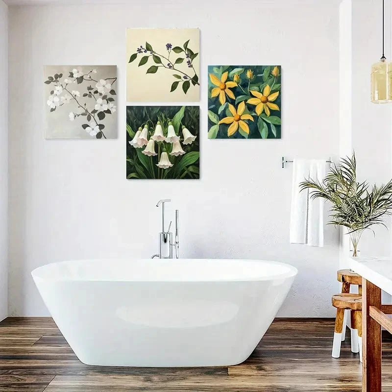 4pcs Purple Berries & White Flowers With Green Wall Art Canvas Framed