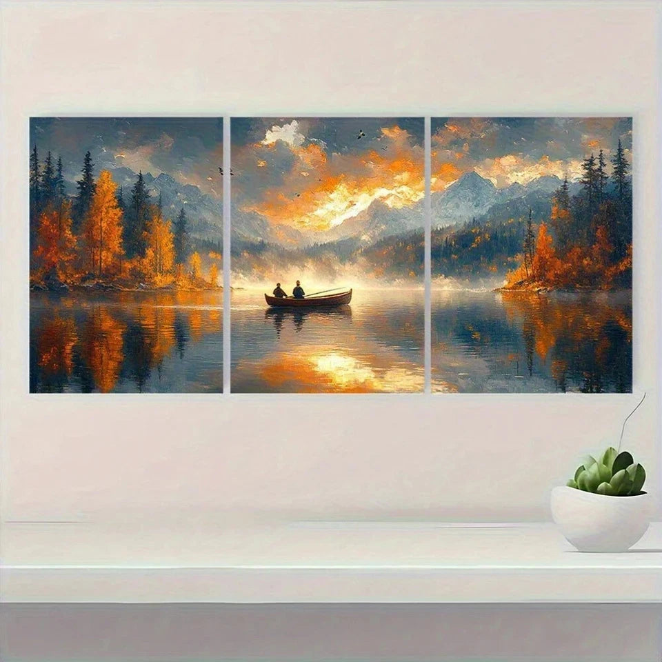 3pcs Serene Autumn Lake Scene Fishermen in Boat Metal Print Ready to Hang Art