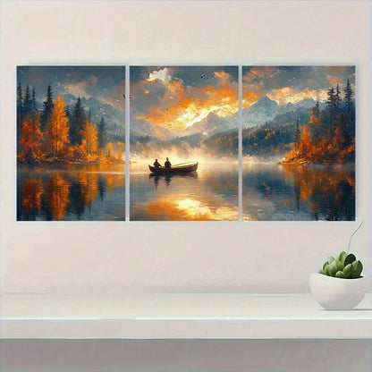 3pcs Serene Autumn Lake Scene Fishermen in Boat Metal Print Ready to Hang Art