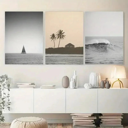 3pcs Palm Trees, Sailboat, Ocean Wave  Wall Art Set Canvas Framed 50x70cm - High Quality Print 100% Australian Made Wall Canvas Ready to Hang
