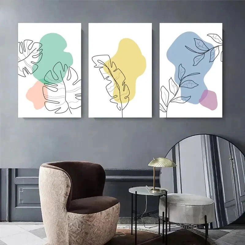 3pcs Abstract Botanical Line Colorful Shapes Metal Print Ready to Hang Art
