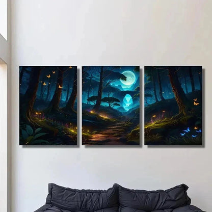3pcs Magic Forest Moon Butterflies & Flowers Wall Art Set Canvas Framed 40x60cm - High Quality Print 100% Australian Made Wall Canvas Ready to Hang