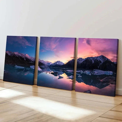 3pcs Sunset Through Snow Mountains & Lake Wall Art Set Canvas Framed 60x90cm - High Quality Print 100% Australian Made Wall Canvas Ready to Hang