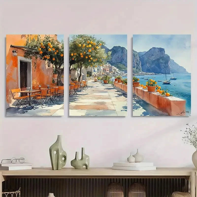 3pcs Italian Cityscape Lemon Tree Perfect Wall Art Set Canvas Framed 40x60cm - High Quality Print 100% Australian Made Wall Canvas Ready to Hang