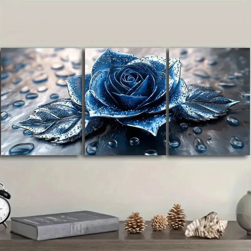 3pcs Triple Panel Blue Rose & Silver Raindrop Metal Print Ready to Hang Art