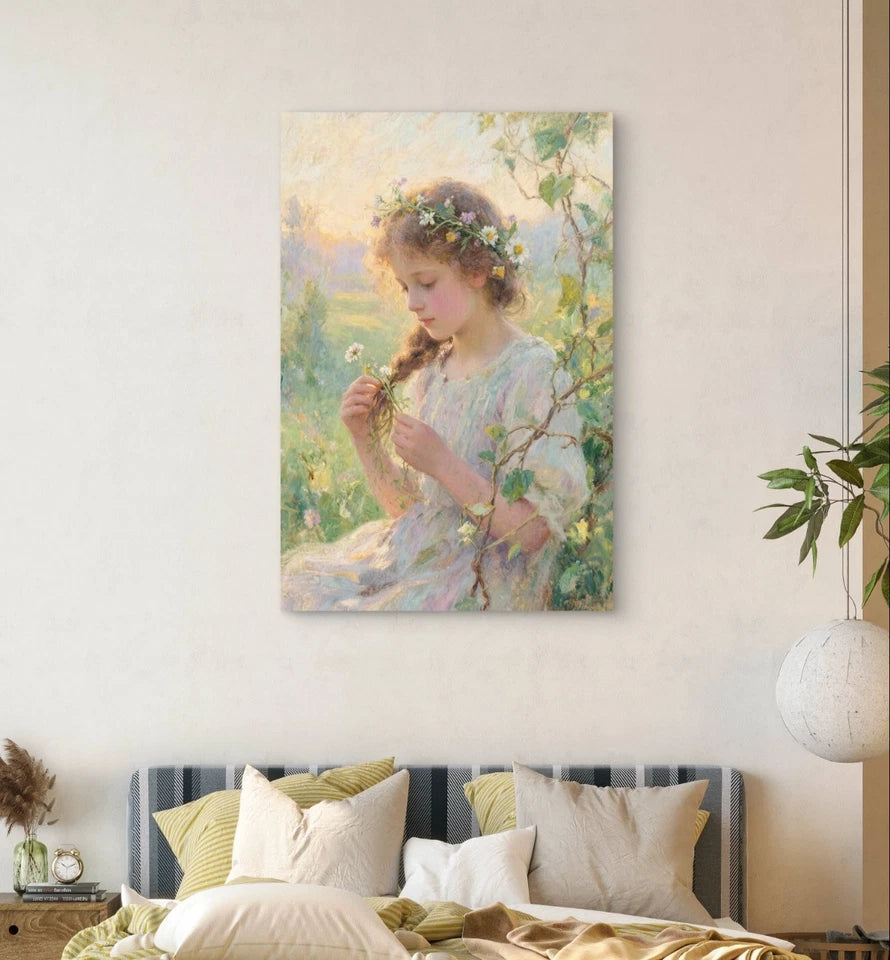 Classical Vintage Girl with Flowers Painting 40x60cm Metal Print Ready to Hang