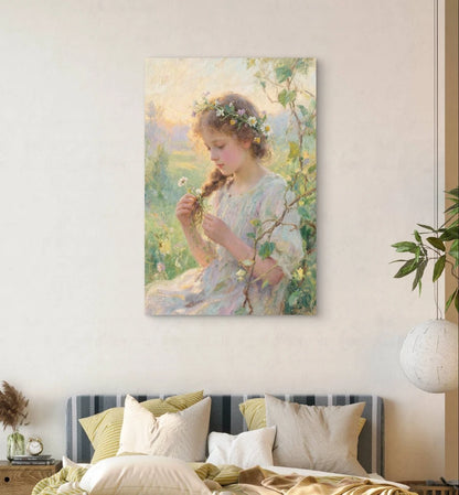 Classical Vintage Girl with Flowers Painting 40x60cm Metal Print Ready to Hang