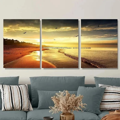 3pcs Sunset Beach Triptych Modern Coastal Metal Print Ready to Hang Art