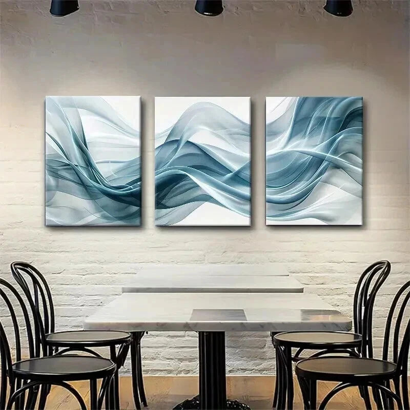 3pcs Abstract Wave Flowing Blue White Perfect Wall Art Set Canvas Framed 40x60cm - High Quality Print 100% Australian Made Wall Canvas Ready to Hang