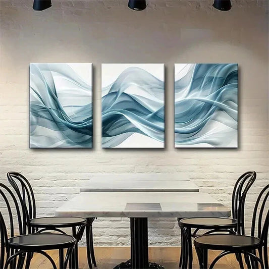 3pcs Abstract Wave Flowing Blue White Perfect Wall Art Set Canvas Framed 40x60cm - High Quality Print 100% Australian Made Wall Canvas Ready to Hang