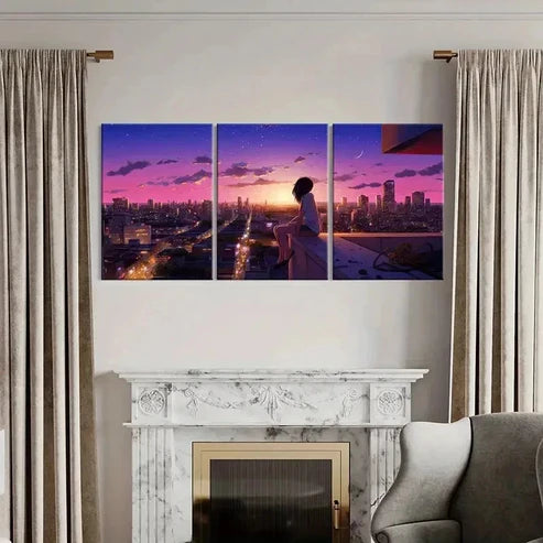 3pcs Girl Calm Sunset & City Night View Wall Art Canvas Unframed - High Quality Print 100% Australian Made Wall Canvas