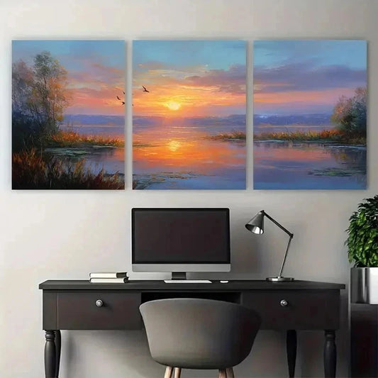 3pcs Sunset At Lake Continuous Perfect Wall Art Set Canvas Framed 40x60cm - High Quality Print 100% Australian Made Wall Canvas Ready to Hang