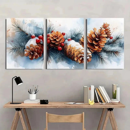 3pcs Snowy Pine Cones & Berries Decorations Wall Art Set Canvas Framed 40x60cm - High Quality Print 100% Australian Made Wall Canvas Ready to Hang