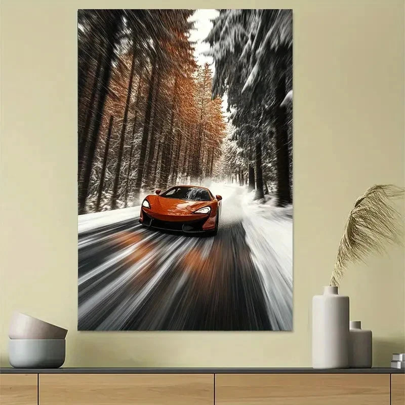 Sports Car Winter Snow Scene Classic Motion Art Poster 40x60cm Metal Print Ready to Hang