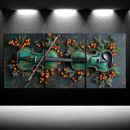 3pcs Chic Cello Trio Green Music Guitar Metal Print Ready to Hang Art