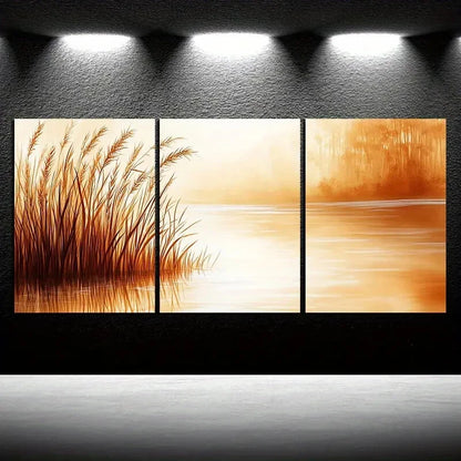 3pcs The Reeds by the Lake Orange Themed Metal Print Ready to Hang Art