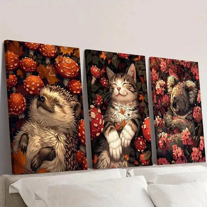 3pcs Hedgehog Cat Koala in Mushroom & Flowers Wall Art Canvas Unframed – High Quality Print 100% Australian Made Wall Canvas