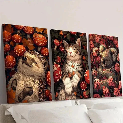 3pcs Hedgehog Cat Koala in Mushroom & Flowers Wall Art Canvas Unframed – High Quality Print 100% Australian Made Wall Canvas