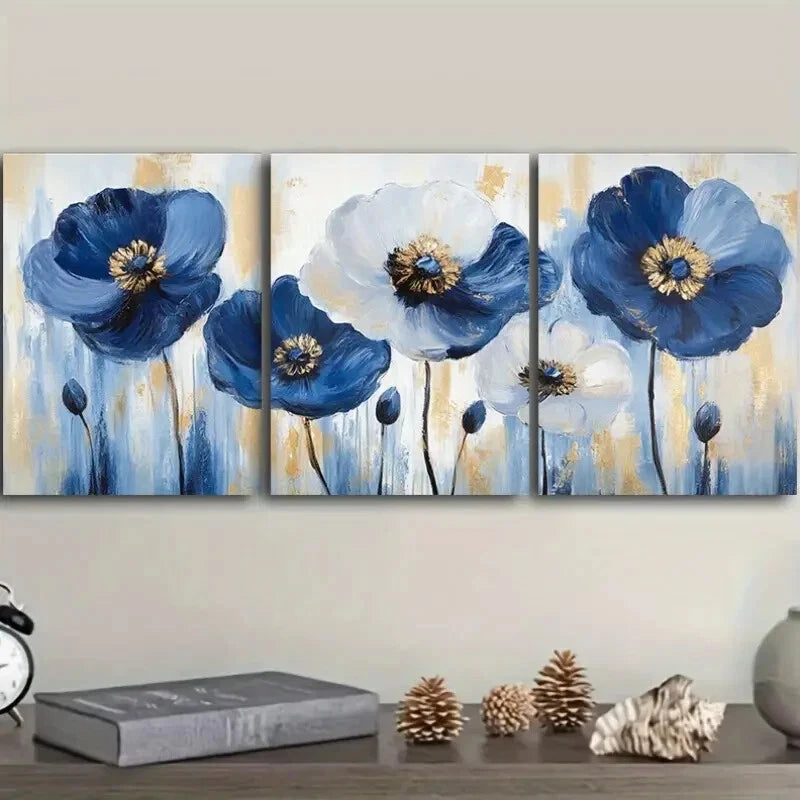 3pcs Abstract Blue Poppies Painting Metal Print Ready to Hang Art