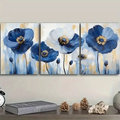 3pcs Abstract Blue Poppies Painting Metal Print Ready to Hang Art