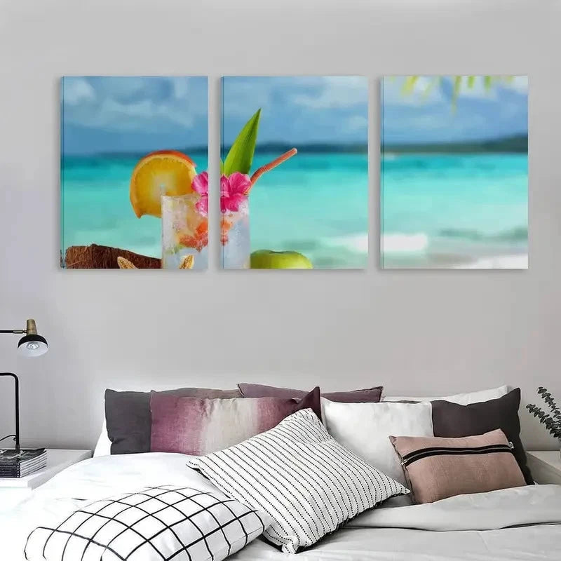 3pcs Australian Turquoise Ocean & Palm Tree   Wall Art Set Canvas Framed 60x90cm - High Quality Print 100% Australian Made Wall Canvas Ready to Hang
