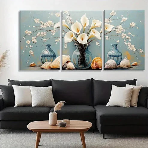 3pcs Elegant Calla Lily and Seashell Perfect Wall Art Canvas Unframed - High Quality Print 100% Australian Made Wall Canvas