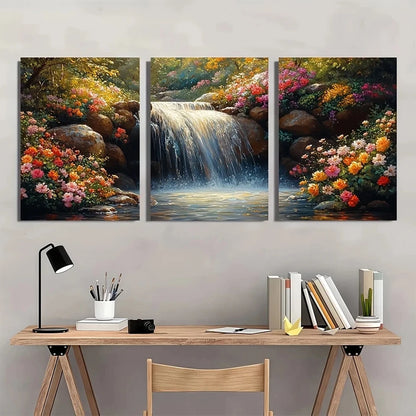3pcs Sunlit Waterfall Vibrant Floral & Greenery Metal Print Ready to Hang Art